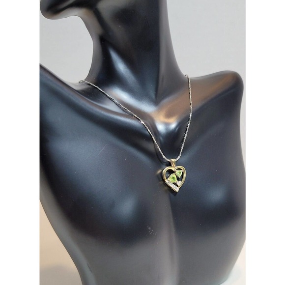 Hearts in Heart Diamond & Green Peridot Gold Vermeil 17" Necklace 925 Danecraft - Picture 4 of 8